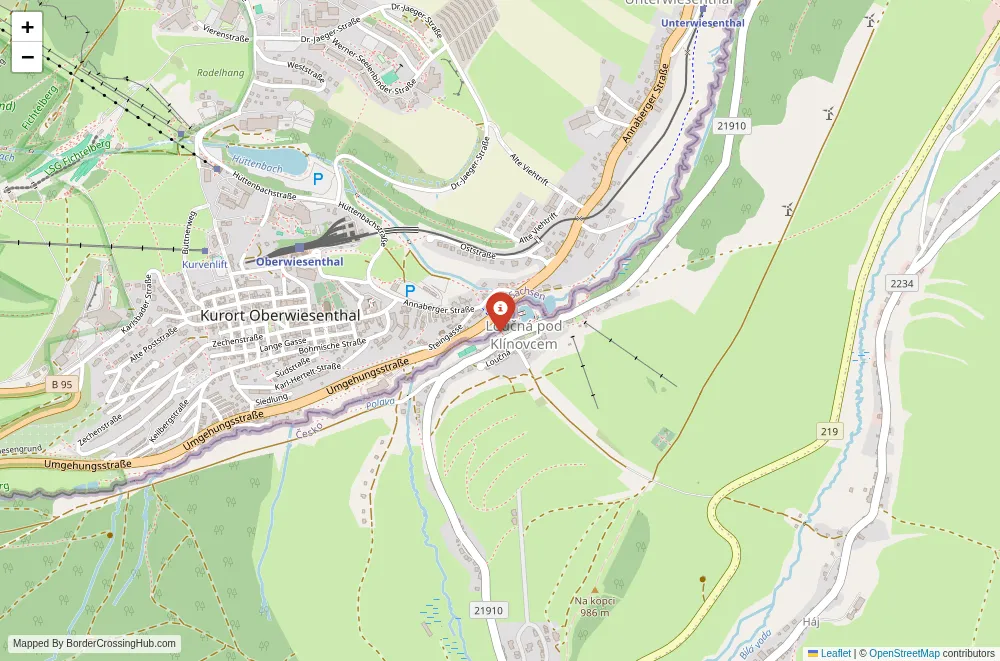 Close-up map showing a border crossing point with marker at the selected land port of entry between Germany and Czech Republic