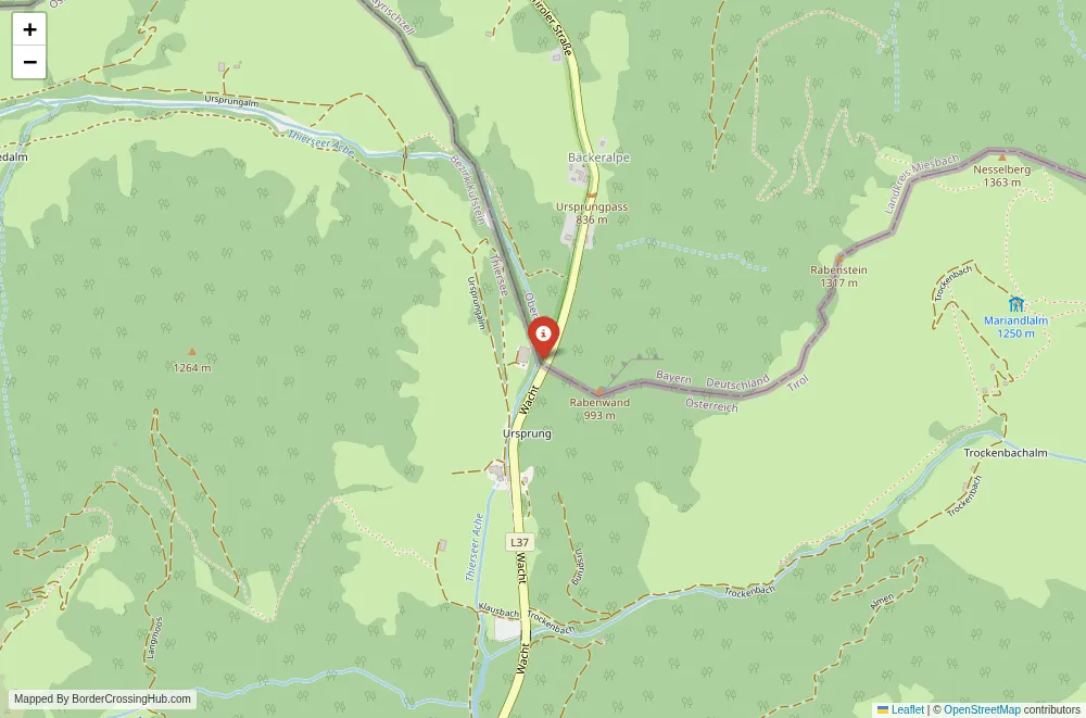 Close-up map showing a border crossing point with marker at the selected land port of entry between Austria and Bavaria