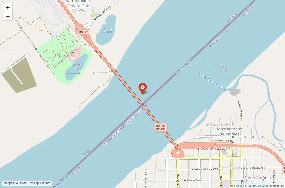 Close-up map showing a border crossing point with marker at the selected land port of entry between Brazil and Argentina