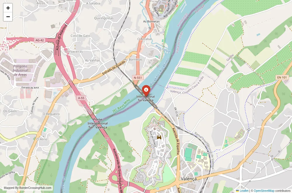 Close-up map showing a border crossing point with marker at the selected land port of entry between Portugal and Spain