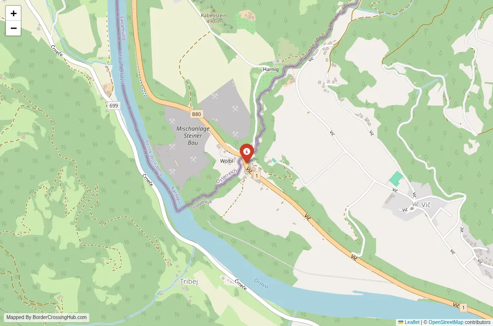 Close-up map showing a border crossing point with marker at the selected land port of entry between Austria and Slovenia