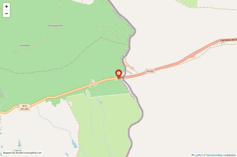 Close-up map showing a border crossing point with marker at the selected land port of entry between Portugal and Spain