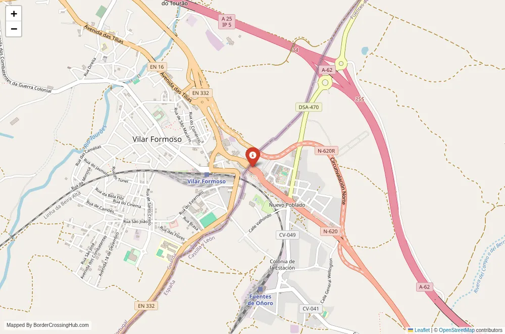 Close-up map showing a border crossing point with marker at the selected land port of entry between Portugal and Spain