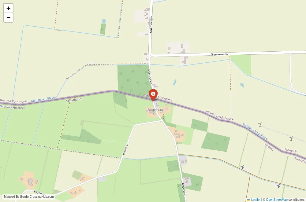 Close-up map showing a border crossing point with marker at the selected land port of entry between Denmark and Germany