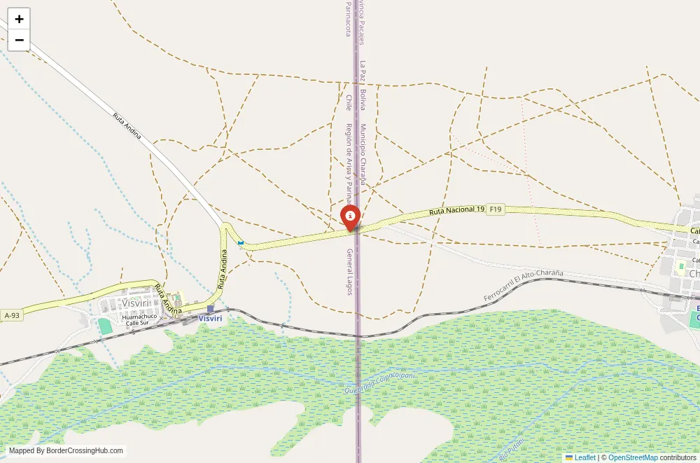 Close-up map showing a border crossing point with marker at the selected land port of entry between Bolivia and Chile