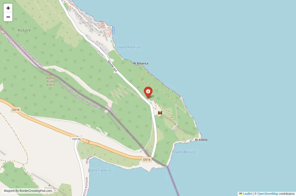 Close-up map showing a border crossing point with marker at the selected land port of entry between Croatia and Montenegro