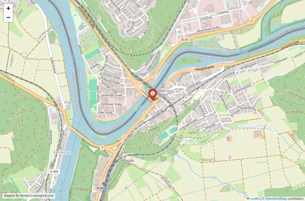 Close-up map showing a border crossing point with marker at the selected land port of entry between Germany and Switzerland