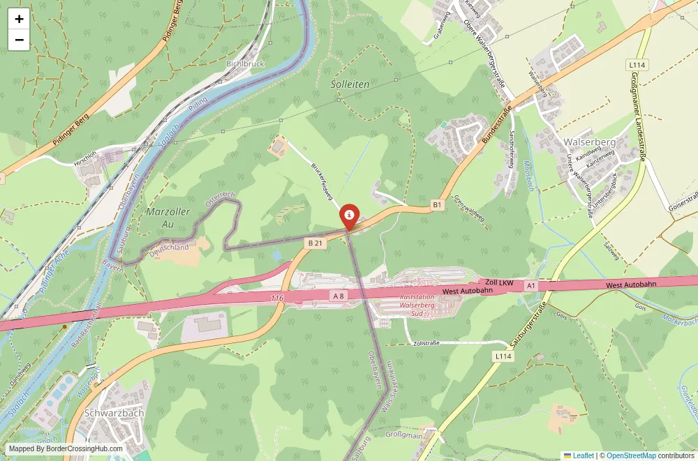 Close-up map showing a border crossing point with marker at the selected land port of entry between Austria and Germany