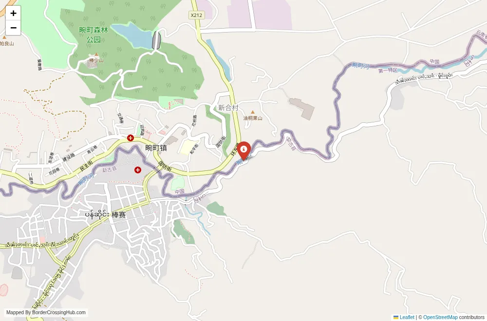 Close-up map showing a border crossing point with marker at the selected land port of entry between Myanmar and China