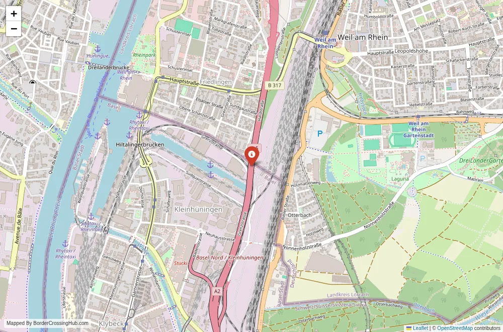 Close-up map showing a border crossing point with marker at the selected land port of entry between Germany and Switzerland