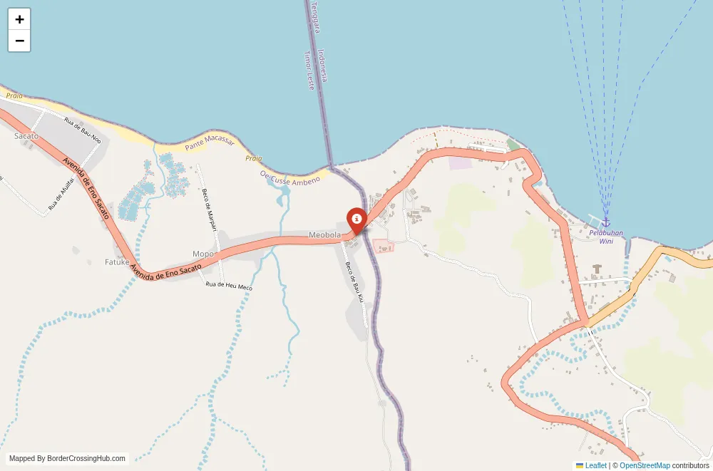 Close-up map showing a border crossing point with marker at the selected land port of entry between Indonesia and Timor–Leste