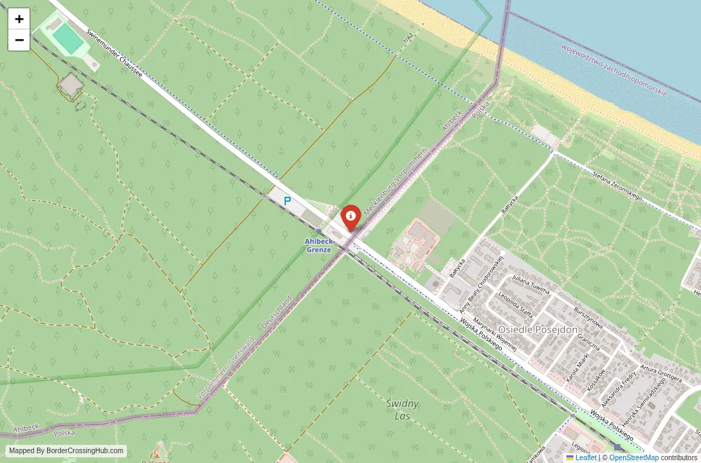 Close-up map showing a border crossing point with marker at the selected land port of entry between Poland and Germany
