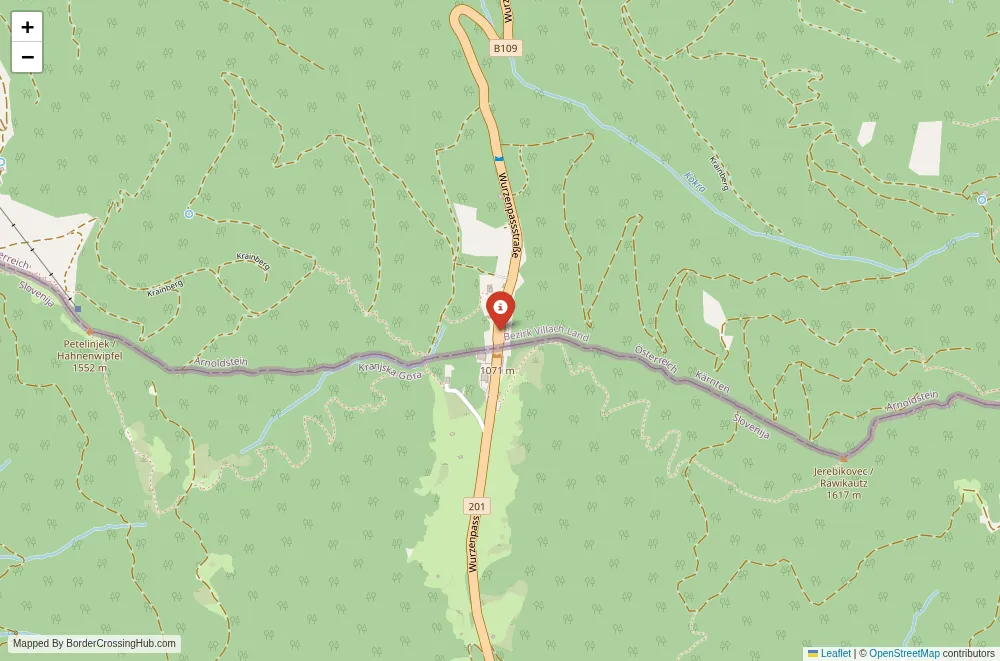 Close-up map showing a border crossing point with marker at the selected land port of entry between Austria and Slovenia