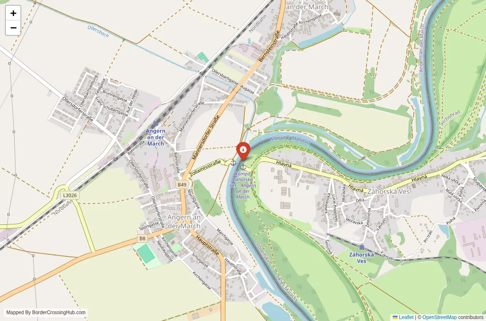 Close-up map showing a border crossing point with marker at the selected land port of entry between Slovakia and Austria