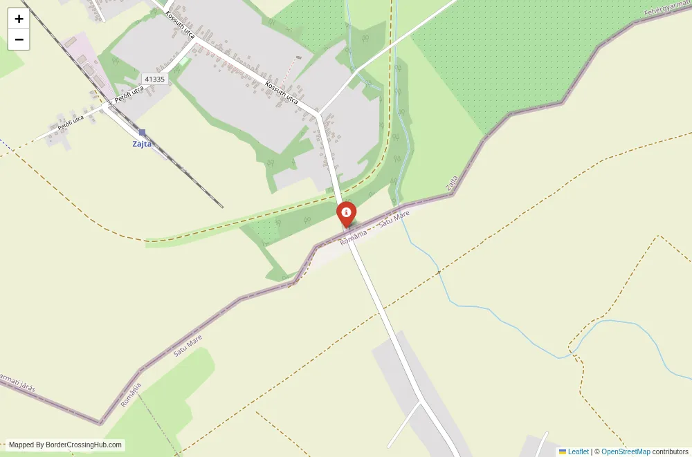 Close-up map showing a border crossing point with marker at the selected land port of entry between Hungary and Romania