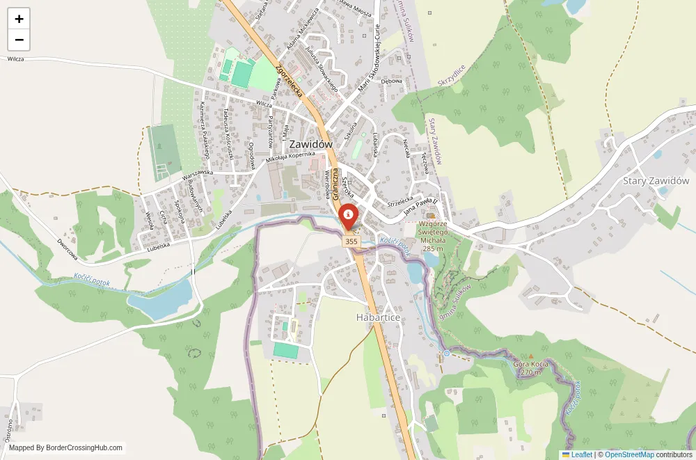 Close-up map showing a border crossing point with marker at the selected land port of entry between Poland and Czech Republic