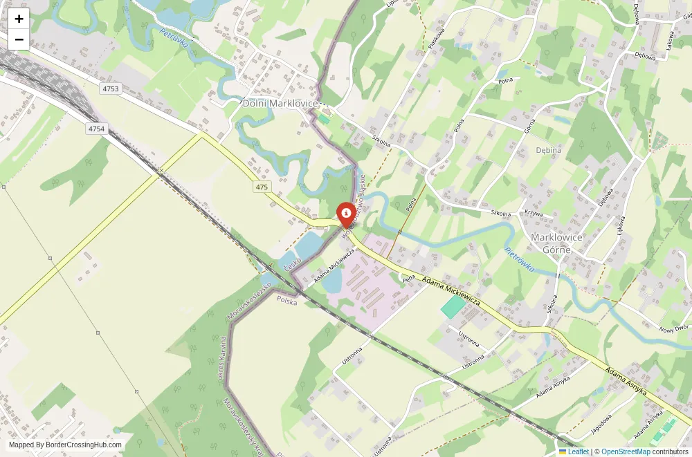 Close-up map showing a border crossing point with marker at the selected land port of entry between Czech Republic and Poland