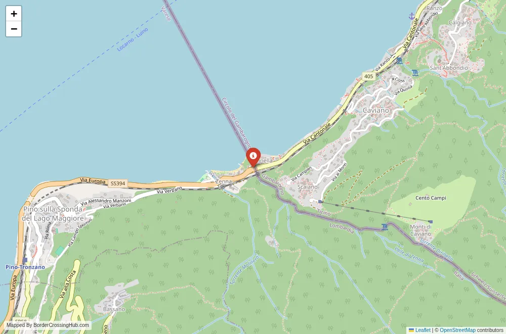 Close-up map showing a border crossing point with marker at the selected land port of entry between Italy and Switzerland