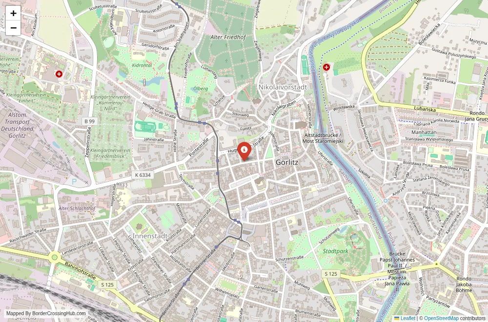 Close-up map showing a border crossing point with marker at the selected land port of entry between Poland and Germany