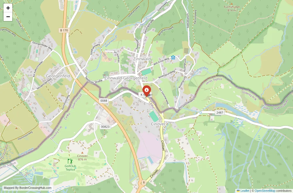 Close-up map showing a border crossing point with marker at the selected land port of entry between Germany and Czech Republic