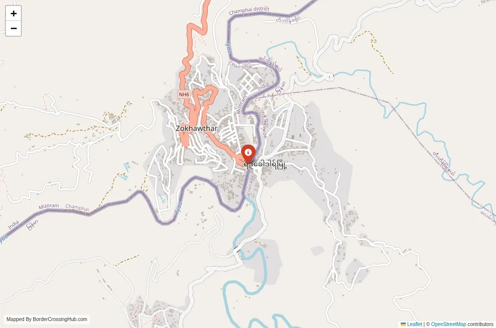 Close-up map showing a border crossing point with marker at the selected land port of entry between India and Myanmar