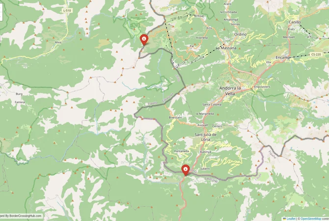 Visual guide to Andorra terrestrial border crossings and frontier checkpoints