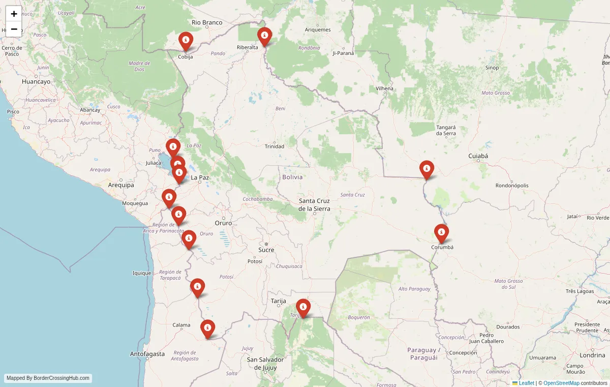 Visual guide to Bolivia terrestrial border crossings and frontier checkpoints