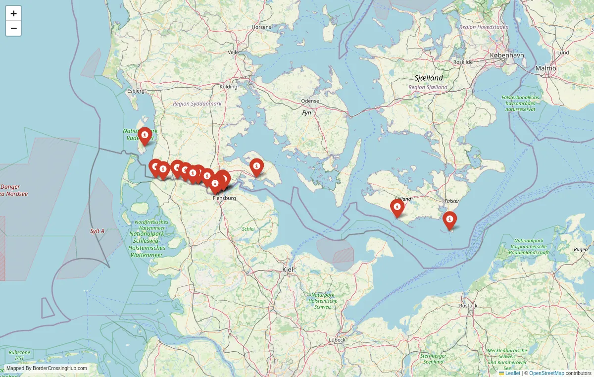 Visual guide to Denmark terrestrial border crossings and frontier checkpoints