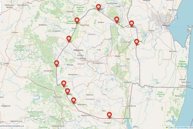 Visual guide to Eswatini terrestrial border crossings and frontier checkpoints