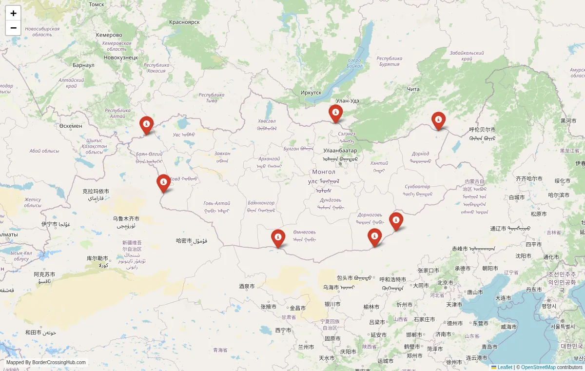 Visual guide to Mongolia terrestrial border crossings and frontier checkpoints