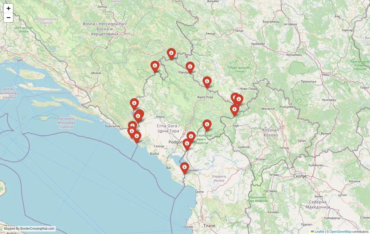 Visual guide to Montenegro terrestrial border crossings and frontier checkpoints