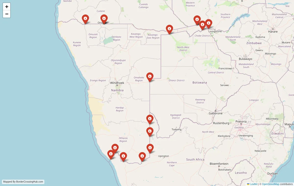 Visual guide to Namibia terrestrial border crossings and frontier checkpoints