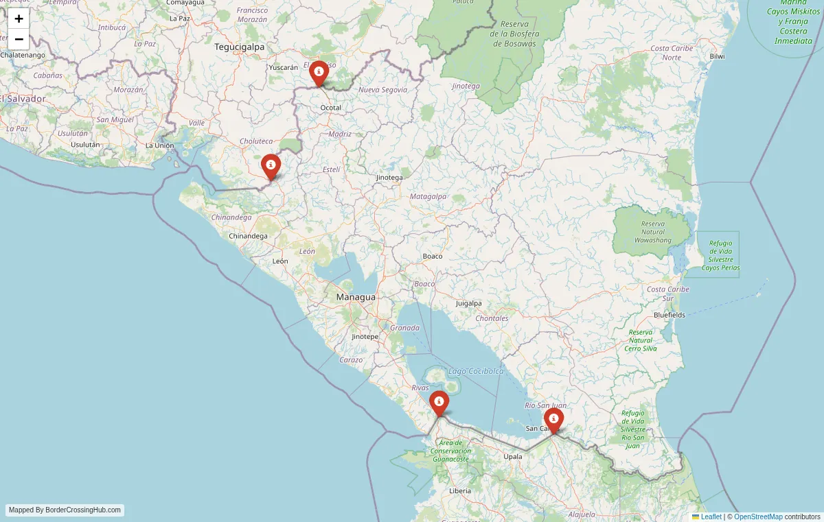 Visual guide to Nicaragua terrestrial border crossings and frontier checkpoints