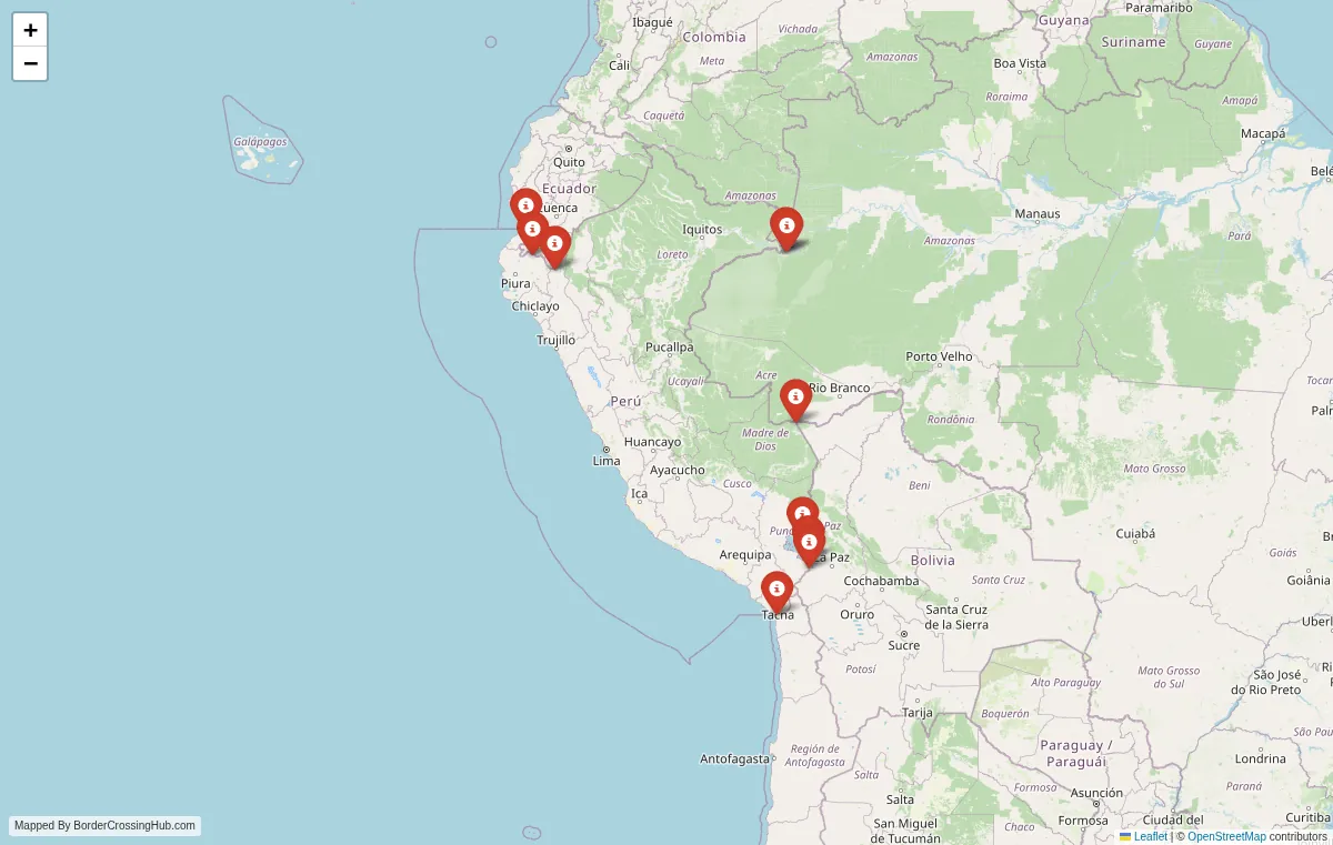 Visual guide to Peru terrestrial border crossings and frontier checkpoints