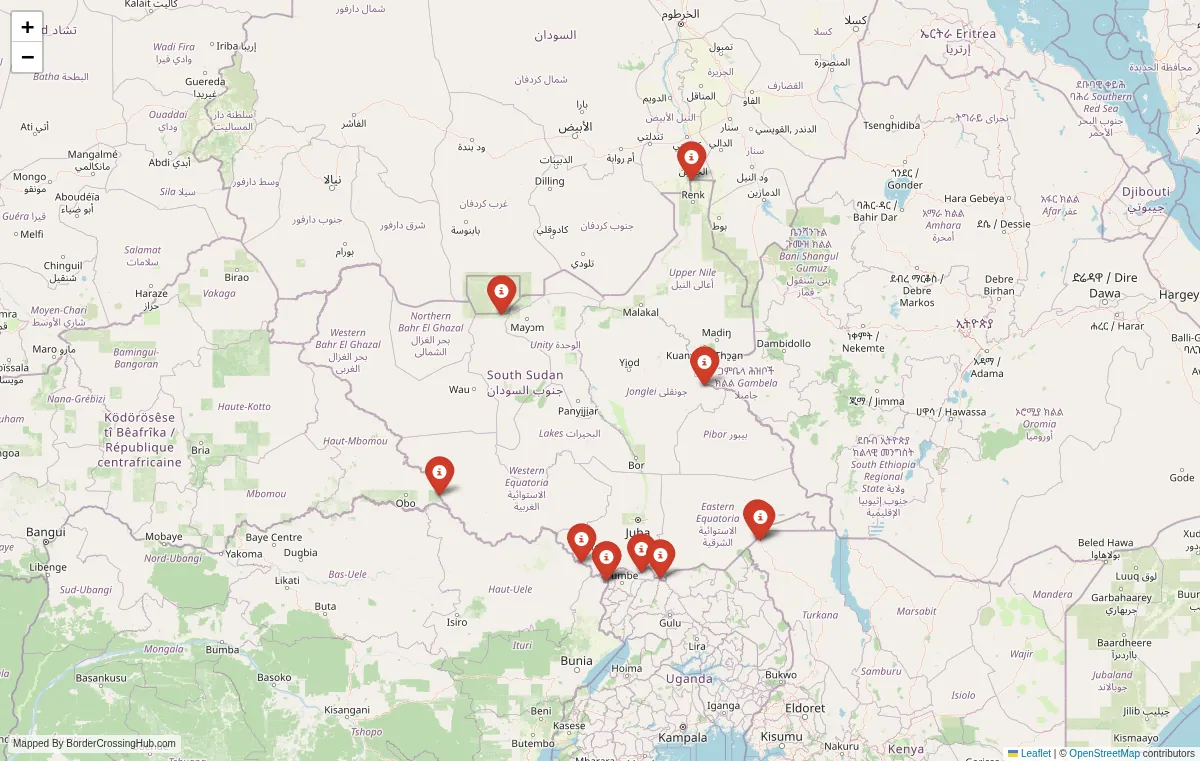 Visual guide to South Sudan terrestrial border crossings and frontier checkpoints