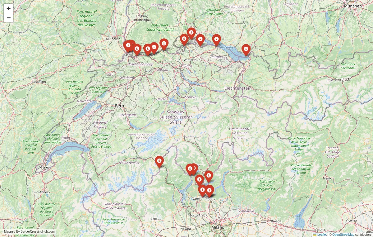 Visual guide to Switzerland terrestrial border crossings and frontier checkpoints