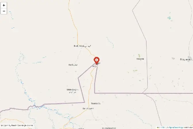Close-up map showing a border crossing point with marker at the selected land port of entry between Mauritania and Mali