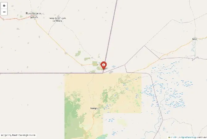 Close-up map showing a border crossing point with marker at the selected land port of entry between Mauritania and Mali