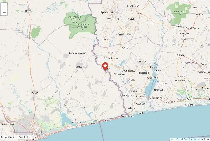 Close-up map showing a border crossing point with marker at the selected land port of entry between Benin and Togo