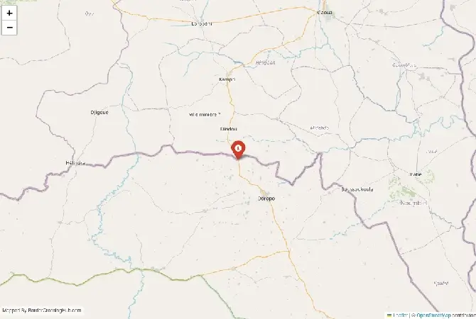 Close-up map showing a border crossing point with marker at the selected land port of entry between Burkina Faso and Ivory Coast