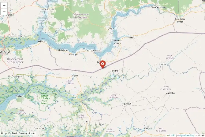 Close-up map showing a border crossing point with marker at the selected land port of entry between Senegal and Guinea-Bissau