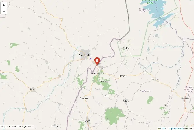 Close-up map showing a border crossing point with marker at the selected land port of entry between Ghana and Ivory Coast
