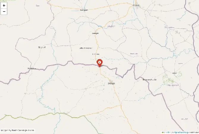 Close-up map showing a border crossing point with marker at the selected land port of entry between Ivory Coast and Burkina Faso