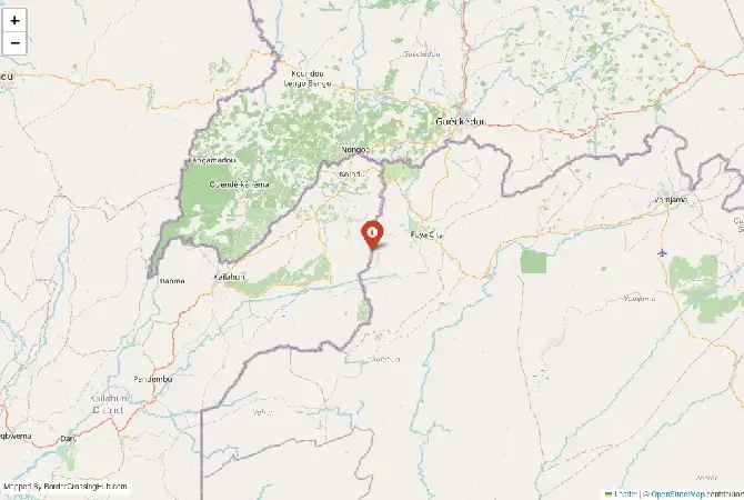 Close-up map showing a border crossing point with marker at the selected land port of entry between Liberia and Sierra Leone