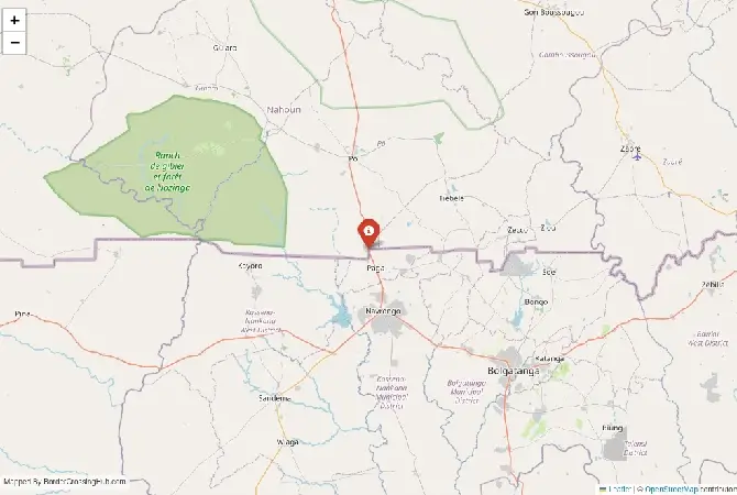 Close-up map showing a border crossing point with marker at the selected land port of entry between Ghana and Burkina Faso