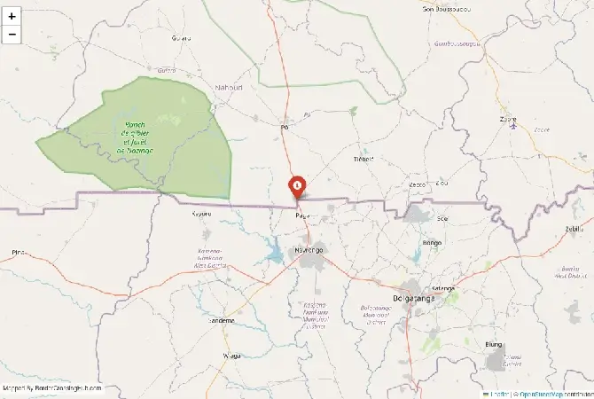 Close-up map showing a border crossing point with marker at the selected land port of entry between Burkina Faso and Ghana