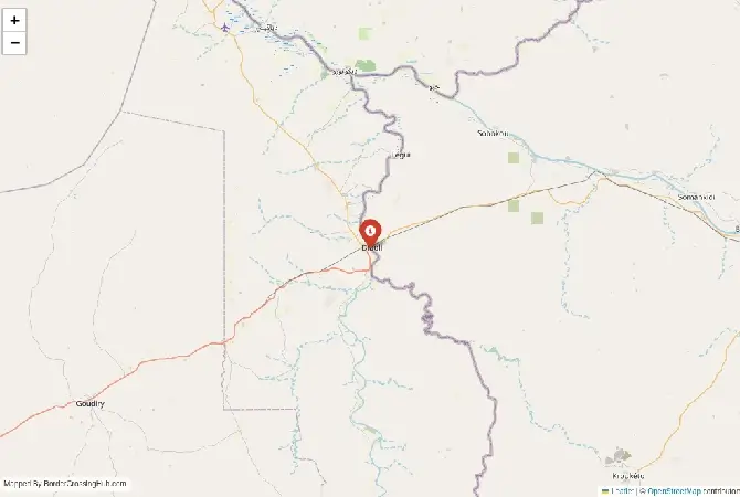 Close-up map showing a border crossing point with marker at the selected land port of entry between Senegal and Mali