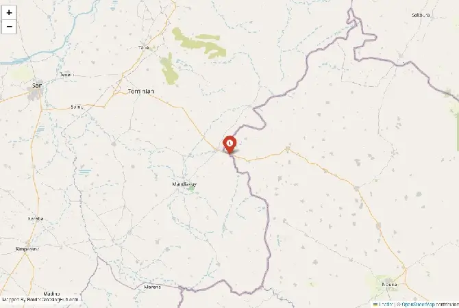 Close-up map showing a border crossing point with marker at the selected land port of entry between Burkina Faso and Mali