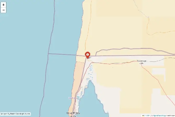 Close-up map showing a border crossing point with marker at the selected land port of entry between Mauritania and Western Sahara