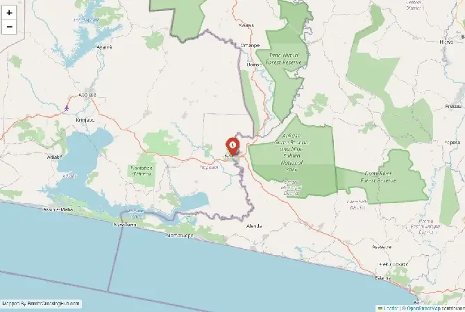 Close-up map showing a border crossing point with marker at the selected land port of entry between Liberia and Ivory Coast